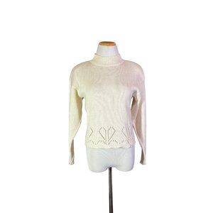 Vintage 1980s Terazzia Size S Cream Knit Sweater Heart Design Country Folk Art